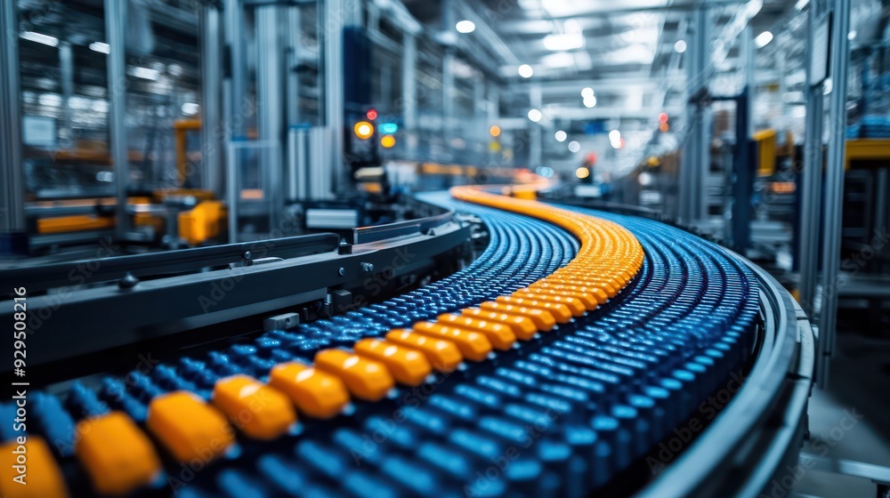 Fototapeta premium Close-up of conveyor belts moving products through an automated factory, showcasing the flow and efficiency of industrial automation.