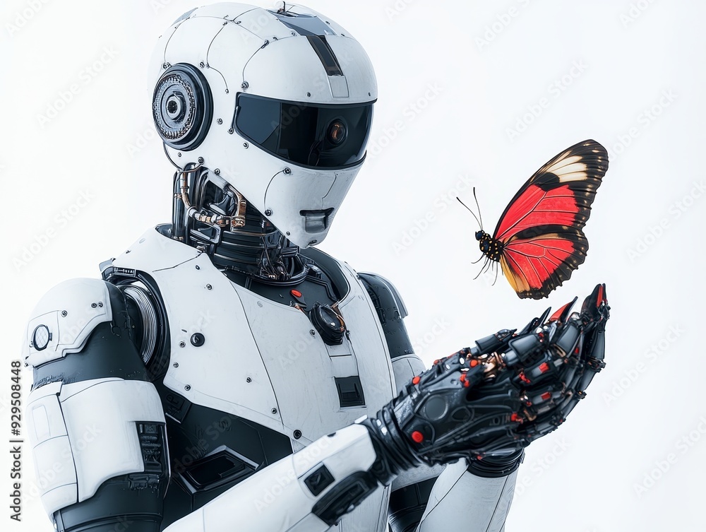 A humanoid robot with a white and black body holds a red butterfly in its hand. The robot is looking at the butterfly with curiosity. A humanoid robot with a white and black body holds a red butterfly in its hand. The robot is looking at the butterfly with curiosity.
