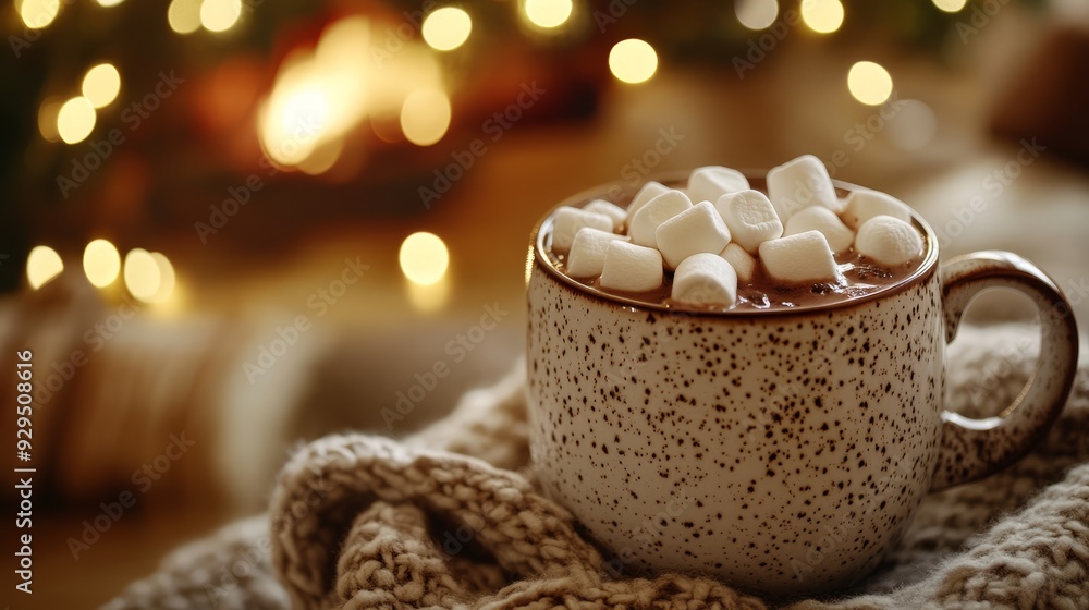 Hot cocoa with marshmallows in cozy interior Hot cocoa with marshmallows in cozy interior