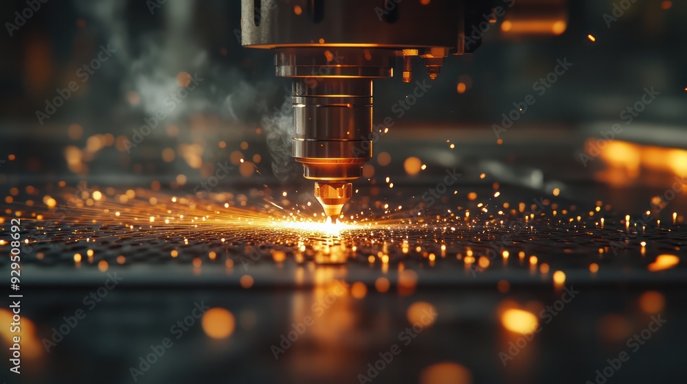 Close-up of metal being cut by a high-powered laser in a fabrication shop. Close-up of metal being cut by a high-powered laser in a fabrication shop.