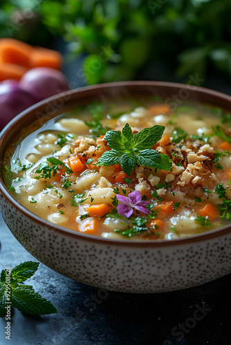 A bowl of soup with a sprig of mint on top