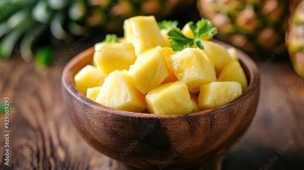 Fresh Pineapple Chunks in a Wooden Bowl Fresh Pineapple Chunks in a Wooden Bowl