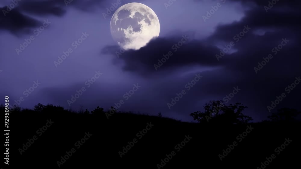 Bright full moon illuminating the night sky with a purple hue, casting an eerie glow on the clouds and landscape below, evoking the spirit of halloween Bright full moon illuminating the night sky with a purple hue, casting an eerie glow on the clouds and landscape below, evoking the spirit of halloween