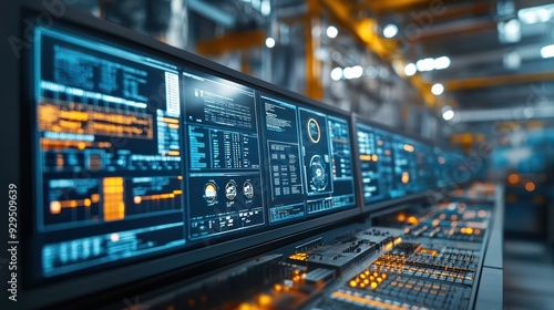 Wallpaper Mural Control room with multiple screens monitoring automated processes in a factory, showcasing the role of oversight in automation. Torontodigital.ca