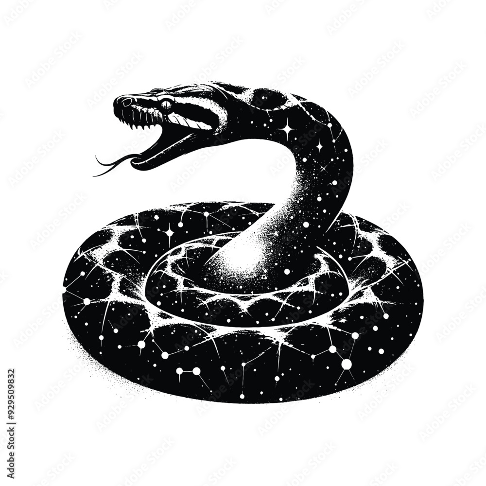 Naklejka premium silhouette of Python, filled with space and sci-fi element in rough drawing, animal,