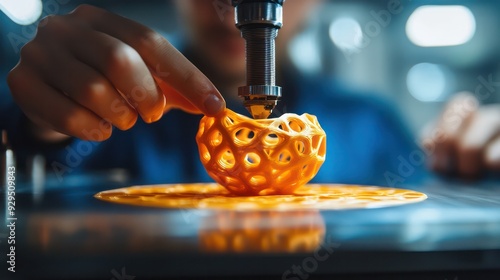 Designer removing a completed print from a 3D printer bed, highlighting the final steps in the 3D printing process. photo