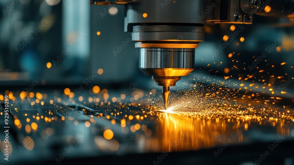 Detailed view of a CNC machine in operation, cutting metal with high precision in a factory setting. Detailed view of a CNC machine in operation, cutting metal with high precision in a factory setting.