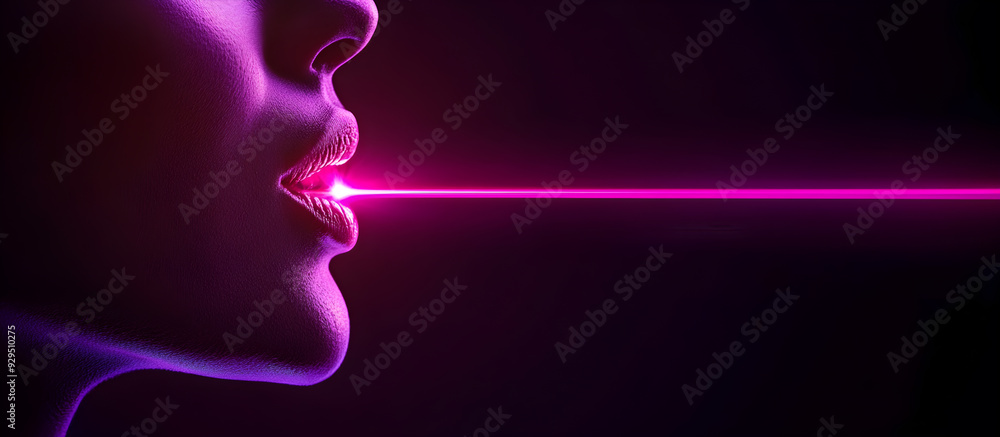 A woman's face is lit up with a purple glow A woman's face is lit up with a purple glow