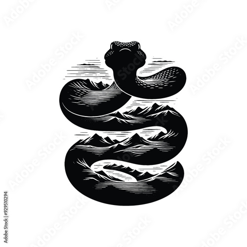 silhouette of Rattlesnake, filled with river view in rough drawing, animal,