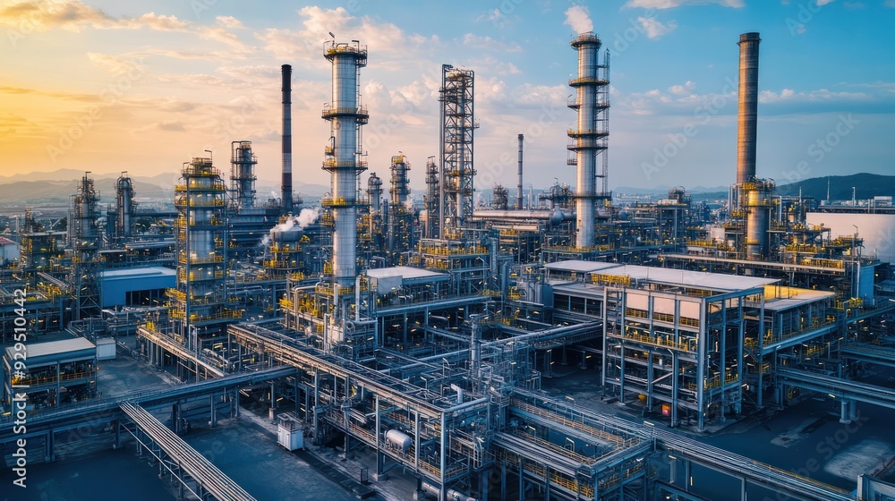 Distant view of an industrial complex with interconnected buildings, pipelines, and a large workforce in action. Distant view of an industrial complex with interconnected buildings, pipelines, and a large workforce in action.
