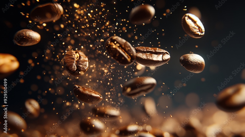 Coffee beans levitating in the air. Coffee background