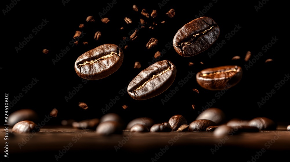 Coffee beans levitating in the air. Coffee background Coffee beans levitating in the air. Coffee background