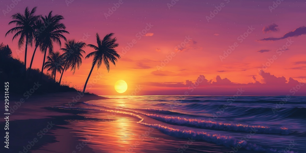 sunset on the beach, Beach Sunset with Gentle Waves, Silhouette Palm Trees, and a Vibrant Sky sunset on the beach, Beach Sunset with Gentle Waves, Silhouette Palm Trees, and a Vibrant Sky
