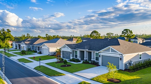 A serene suburban neighborhood with modern houses and well-maintained lawns under a clear sky.