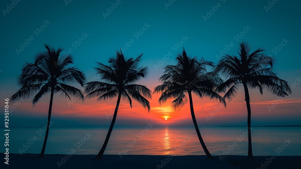 A serene sunset over a beach with silhouetted palm trees reflecting on the water. A serene sunset over a beach with silhouetted palm trees reflecting on the water.
