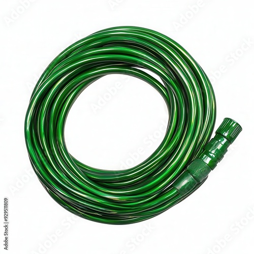 A coiled green garden hose, perfect for watering plants and cleaning tasks, demonstrating flexibility and durable design. isolated on white background