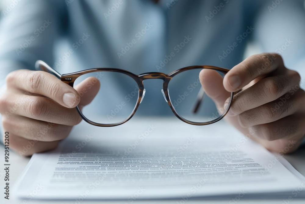 Person holding eyeglasses while reading a detailed document, emphasizing focus, analysis, and attention to detail in a professional setting. Person holding eyeglasses while reading a detailed document, emphasizing focus, analysis, and attention to detail in a professional setting.