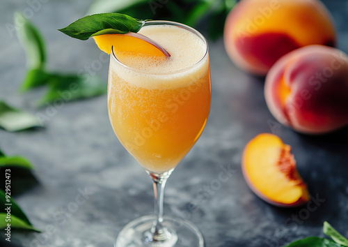 Bellini cocktail in a glass garnished with a fresh peach slice, high-quality photo, taken from above highlighting the drink's vibrant color and presentation.

 photo