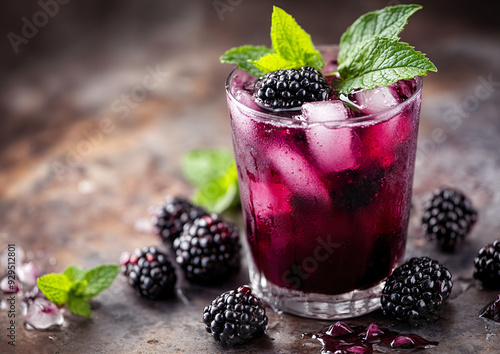 Blackberry smash cocktail served in a glass, garnished with fresh blackberries, professional beverage photo, top angle view composition.  

 photo