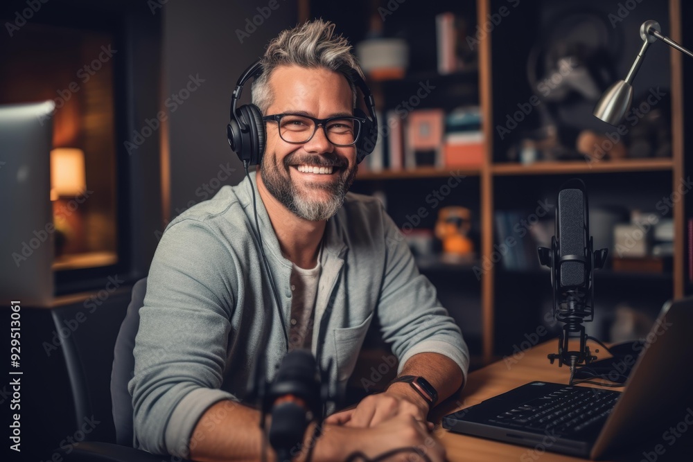 A smiling man with headphones, sitting at a desk with a microphone and laptop, perfect for podcasting, radio shows, or online broadcasting scenes, enhances content creation themes, A smiling man with headphones, sitting at a desk with a microphone and laptop, perfect for podcasting, radio shows, or online broadcasting scenes, enhances content creation themes,