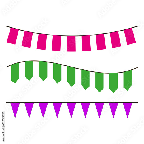 Colorful bunting flags. Pink, green, and purple garlands. Festive party decorations. Vector illustration.