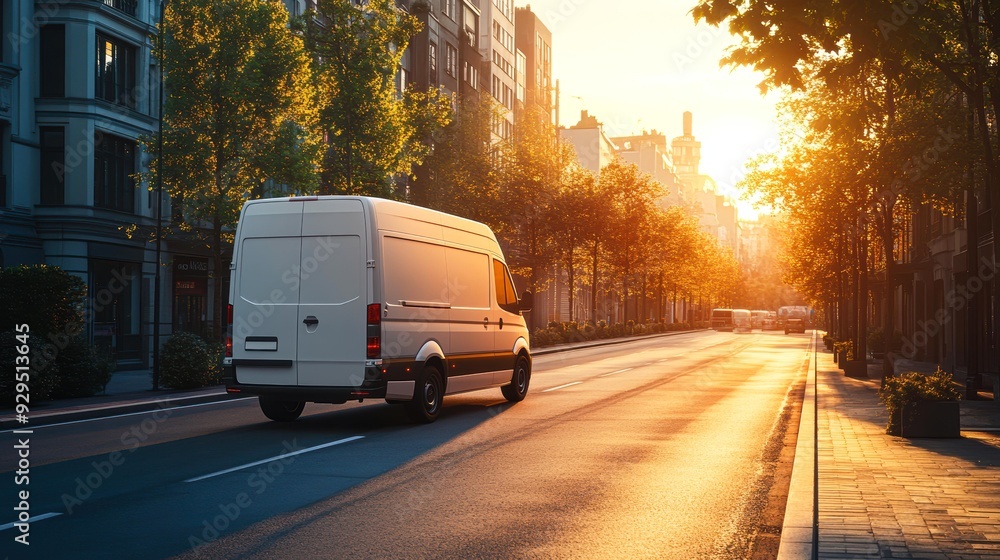 A white delivery van drives down a quiet urban street at sunrise, surrounded by quaint buildings and tree-lined sidewalks, evoking a serene start-of-the-day mood ideal for delivery services A white delivery van drives down a quiet urban street at sunrise, surrounded by quaint buildings and tree-lined sidewalks, evoking a serene start-of-the-day mood ideal for delivery services