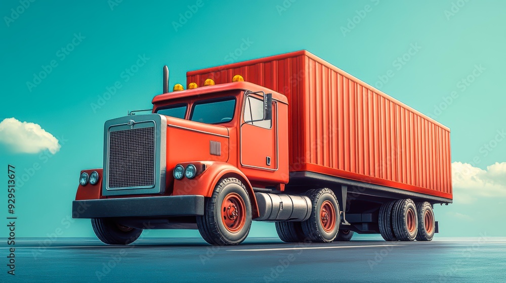 A large red semi-truck with a freight container attached is parked on an expansive asphalt surface under a clear blue sky, ideal for showcasing logistics, transportation, or delivery services, A large red semi-truck with a freight container attached is parked on an expansive asphalt surface under a clear blue sky, ideal for showcasing logistics, transportation, or delivery services,