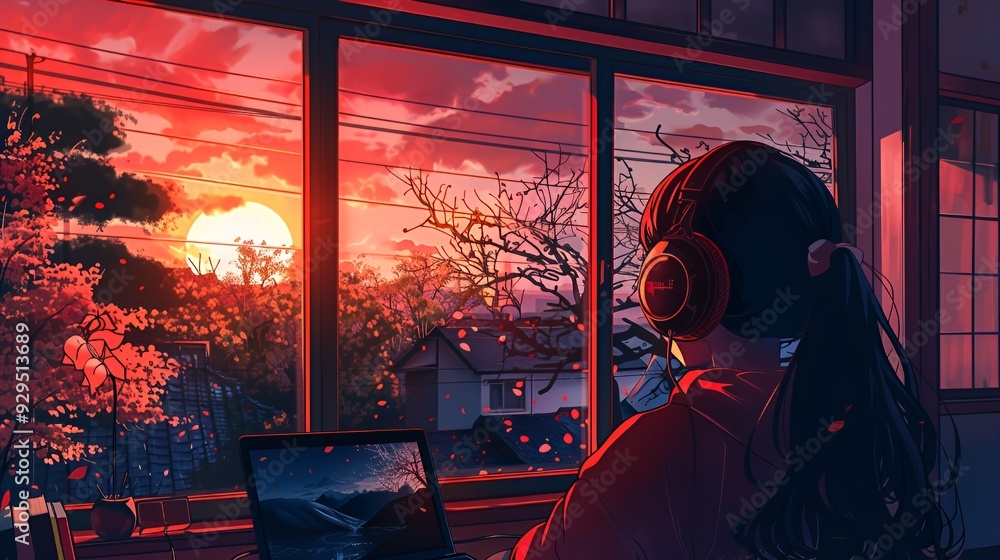 A serene sunset view from a room, featuring a person with headphones and a laptop. A serene sunset view from a room, featuring a person with headphones and a laptop.