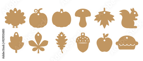 Set of 12 gift tags shapes with fall designs. Vector templates for cutting with craft paper or cardboard. Autumn tag stencils