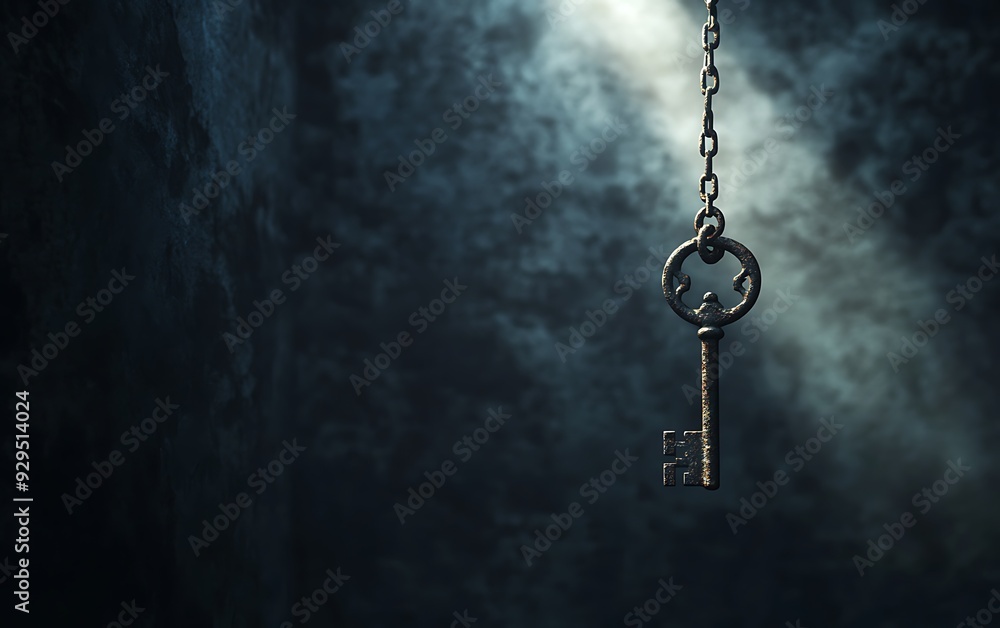 Old Key Hanging in Dark Room Symbolizing Hidden Potential with Highlighting Beam Old Key Hanging in Dark Room Symbolizing Hidden Potential with Highlighting Beam