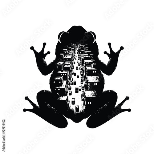 silhouette of toad, filled with ghetto street in rough drawing, animal,