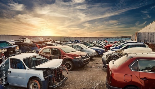 Abandoned Cars in Junkyard During Sunset