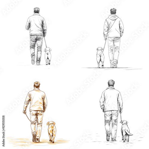 A man is walking a dog. The man is wearing a jacket