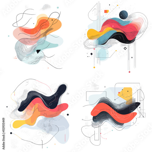A set of four abstract art images with a blue and orange swirl. The images are all different but share a similar style