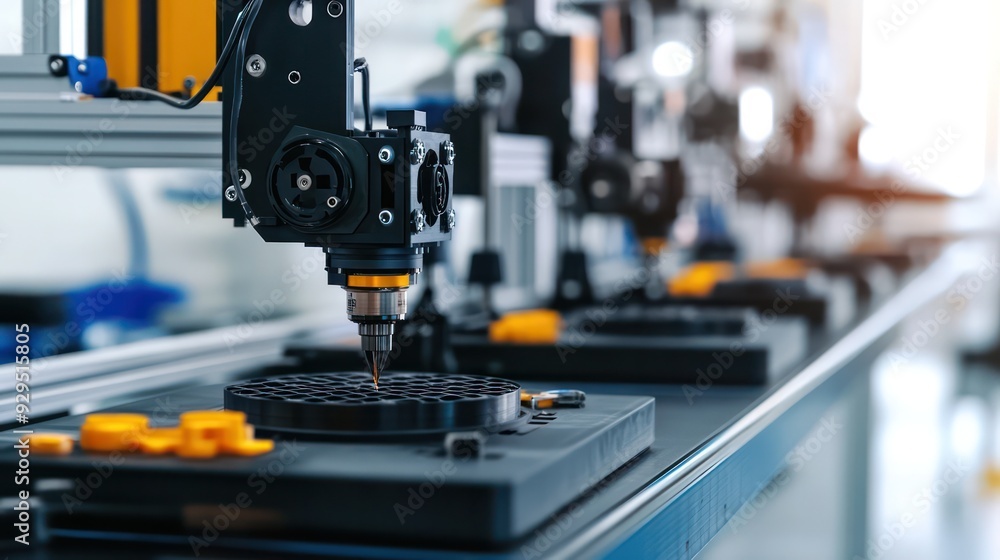 Fototapeta premium Multiple 3D printers operating in a lab, symbolizing the widespread adoption and versatility of 3D printing technology.