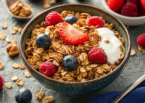 Hemp seed granola served with yogurt and fresh berries in a bowl, professional food photography, overhead view composition showcasing vibrant colors and texture. 

 photo