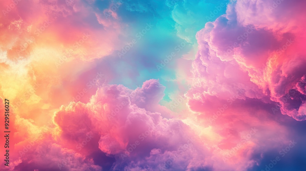 A vibrant, dreamy sky filled with colorful clouds blending hues of pink, blue, and orange. A vibrant, dreamy sky filled with colorful clouds blending hues of pink, blue, and orange.