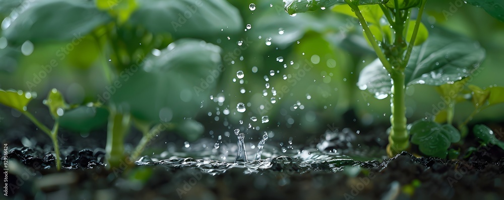 Water Droplets Splashing on Soil Among Green Plants Water Droplets Splashing on Soil Among Green Plants