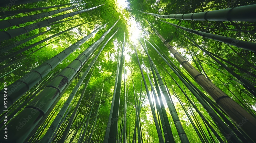 A serene view of bamboo trees reaching towards the sky, showcasing nature's beauty. A serene view of bamboo trees reaching towards the sky, showcasing nature's beauty.