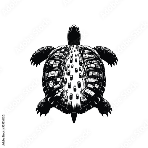 silhouette of tortoise, filled with ghetto street in rough drawing, animal,
