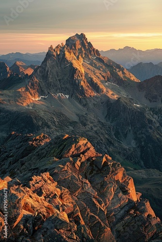 Mountain range landscape at sunset with warm light and shadows