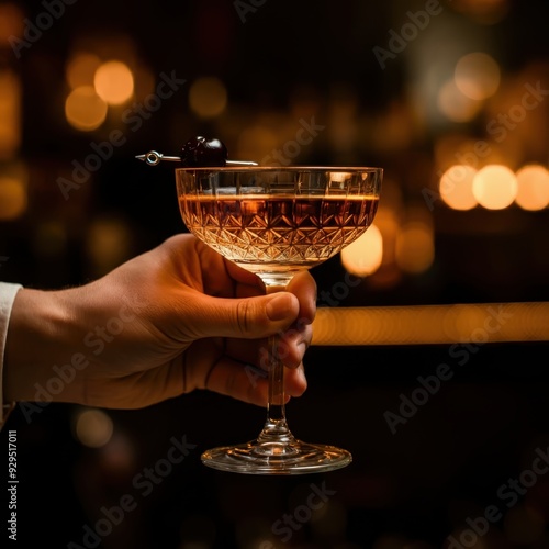 hand holding a cocktail glass, cherry garnish, elegant pose, minimalistic background, soft lighting, vintage style, high contrast, warm tones, focus on the glass, sophisticated atmosphere photo