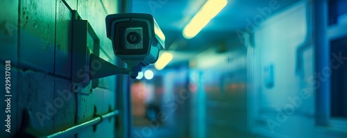 Security Camera Mounted on a Wall in a Blue-Lit Room photo