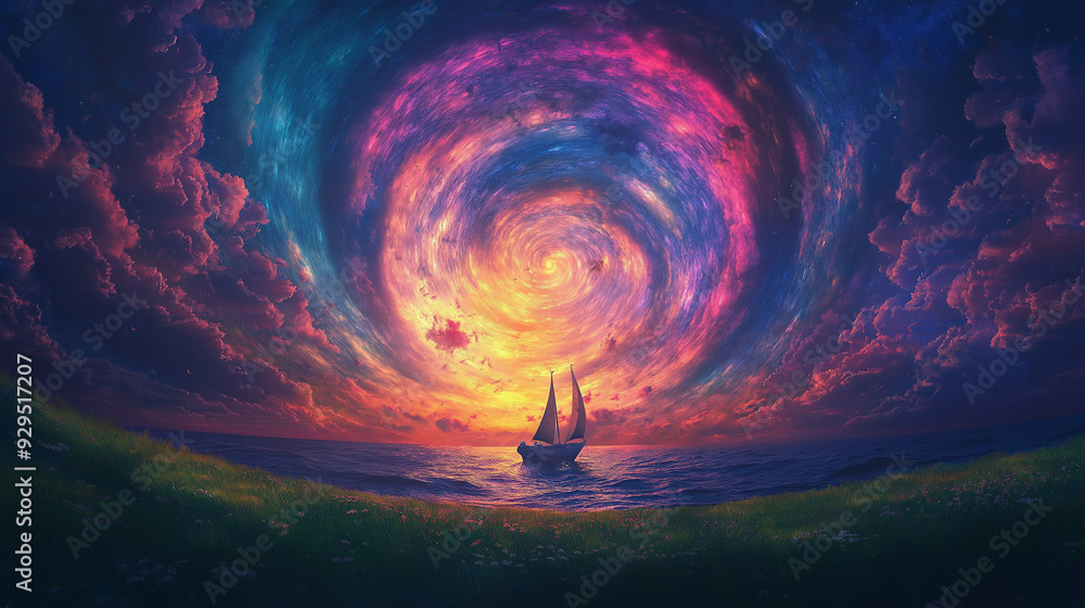 In the center of an endless sea , there is a boat with a colorful sunset sky and a swirling galaxy in the background. The spiral swirls around , a beautiful, hyper-realistic scene. In the center of an endless sea , there is a boat with a colorful sunset sky and a swirling galaxy in the background. The spiral swirls around , a beautiful, hyper-realistic scene.