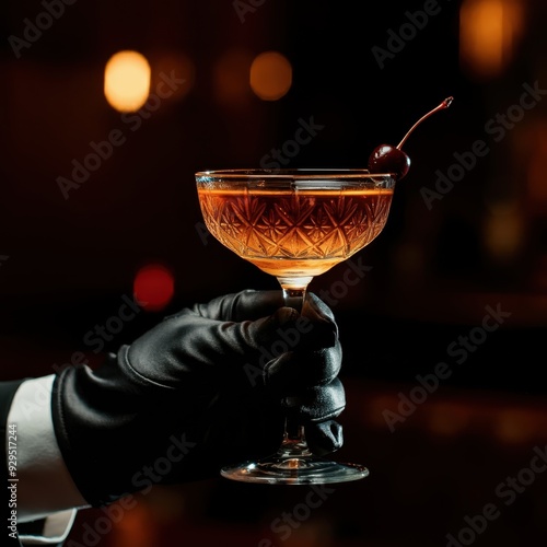 hand holding a cocktail glass, cherry garnish, elegant pose, minimalistic background, soft lighting, vintage style, high contrast, warm tones, focus on the glass, sophisticated atmosphere photo