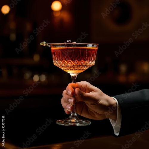 hand holding a cocktail glass, cherry garnish, elegant pose, minimalistic background, soft lighting, vintage style, high contrast, warm tones, focus on the glass, sophisticated atmosphere photo