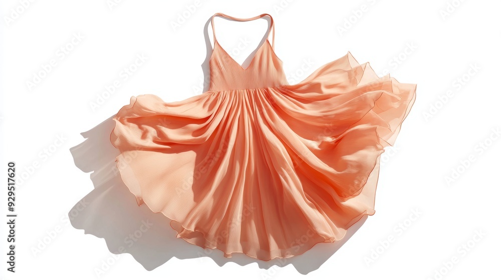 A flowing peach dress on a white background, showcasing its elegance. A flowing peach dress on a white background, showcasing its elegance.