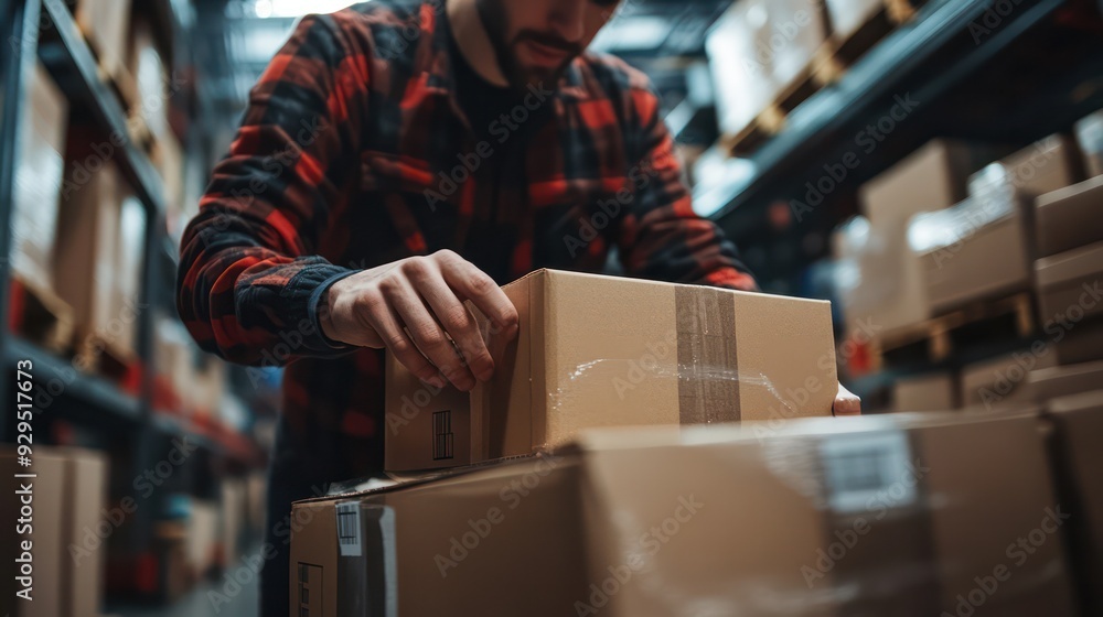 Warehouse worker labeling boxes for shipment, emphasizing organization and accuracy in logistics. Warehouse worker labeling boxes for shipment, emphasizing organization and accuracy in logistics.