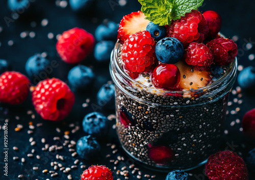 Overnight oats with chia seeds and mixed berries in a glass jar, professionally styled food photo, top-down view showcasing healthy breakfast composition.

 photo