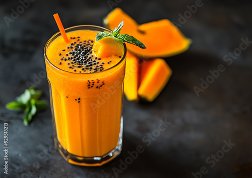 Fresh papaya juice served in a glass with slices of papaya on the side, high-quality image, top-down view, vibrant colors highlighting the tropical fruit. 

 photo